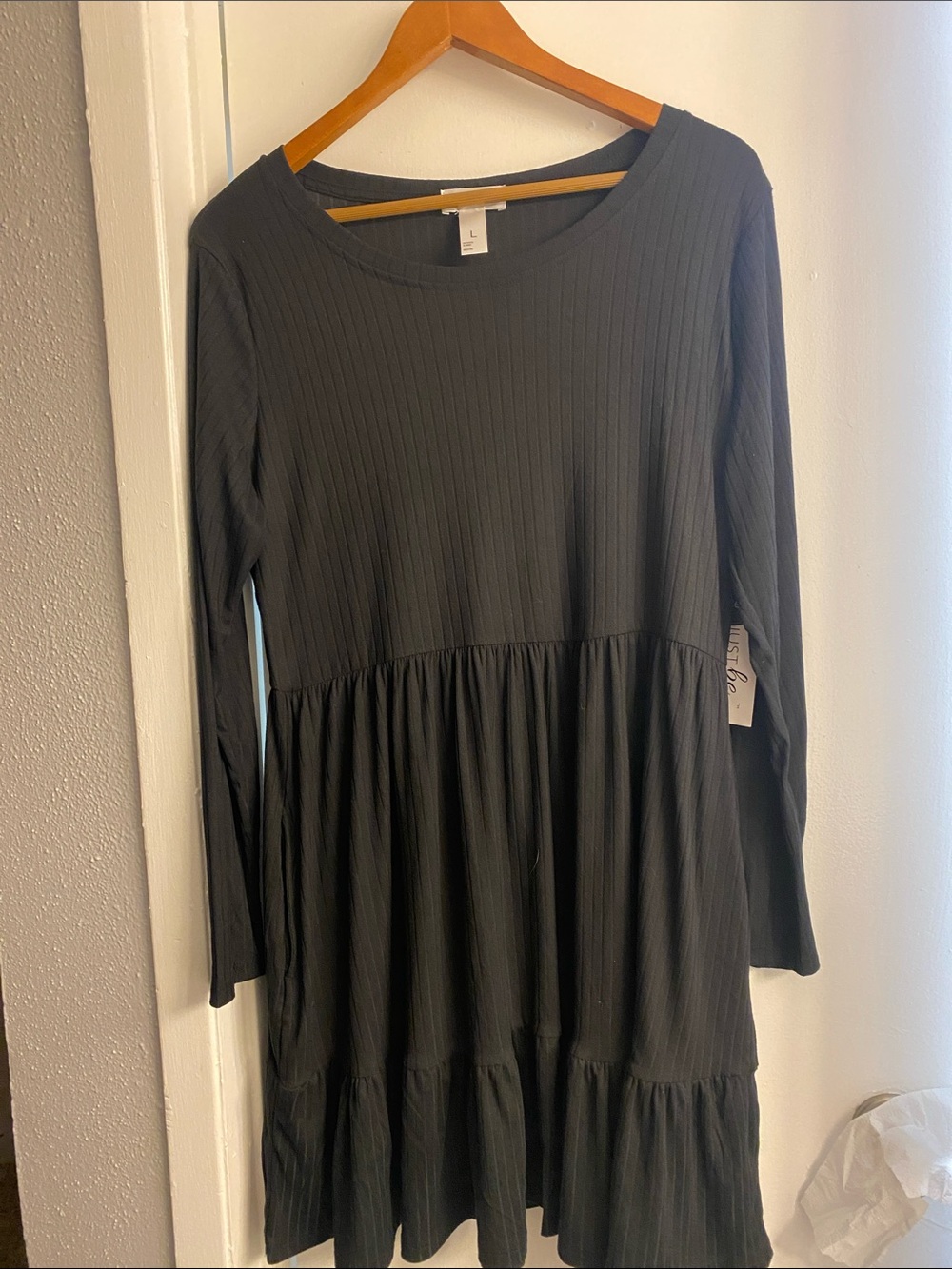 just be Black Ribbed Long Sleeve Dress with Side Pockets
